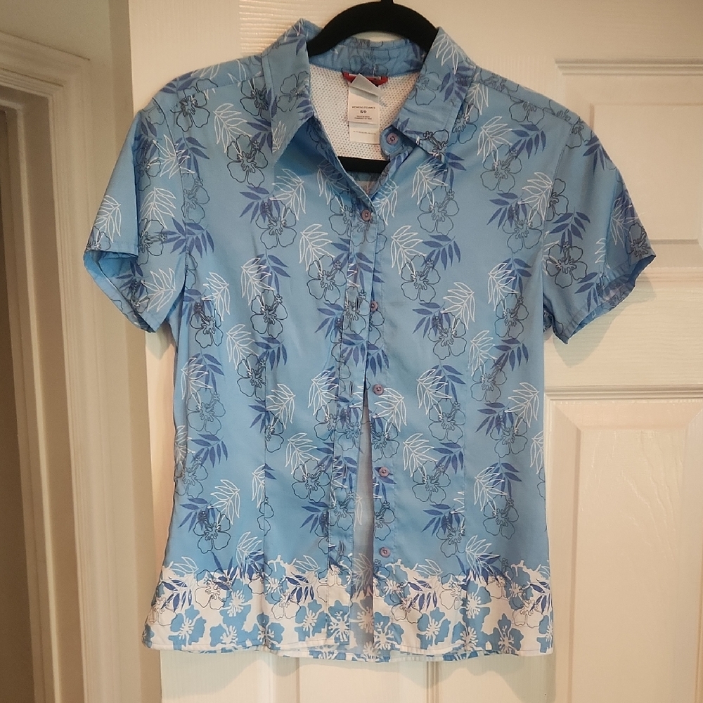 EUC The North Face Womens Sz Small Blue Hawaiian Button Down Blouse Top